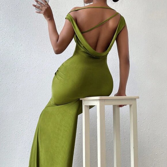 Olive Green Sexy Women's Draped Backless Split Thigh Dress - Picture 1 of 5